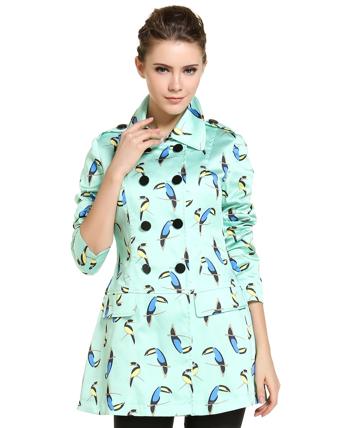 丹尼爱特daniel hechter女装专场 > 修身 粉绿色印花双排扣长袖风衣