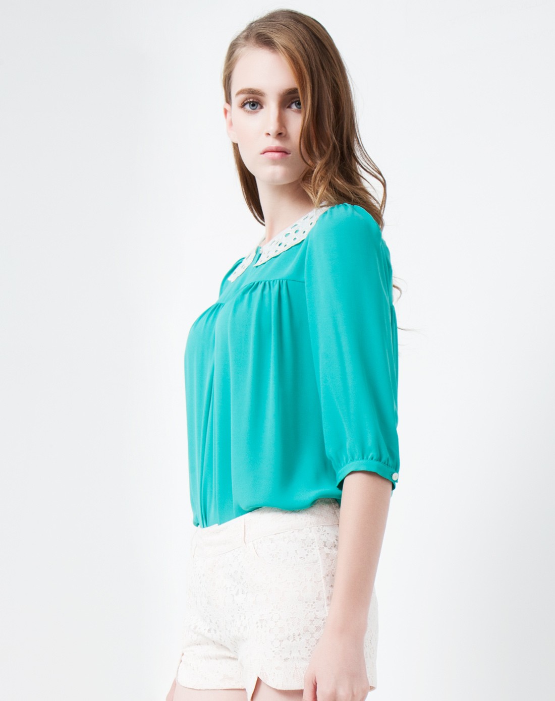 湖水绿色翻领甜美六分袖上衣