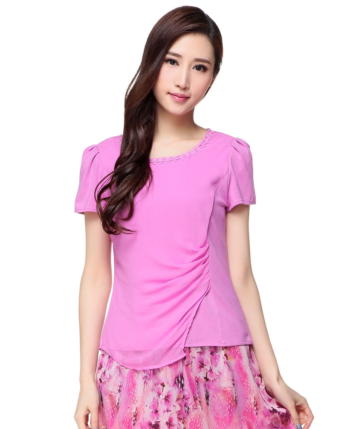 洋红色时尚抽褶浪漫短袖上衣