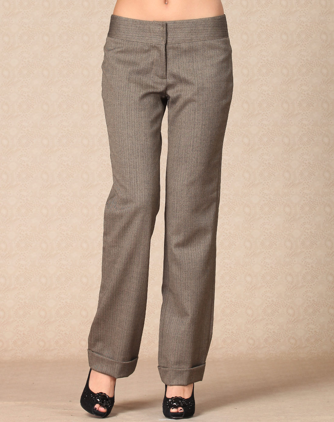 luxman 茶咖色人字纹宽脚长裤