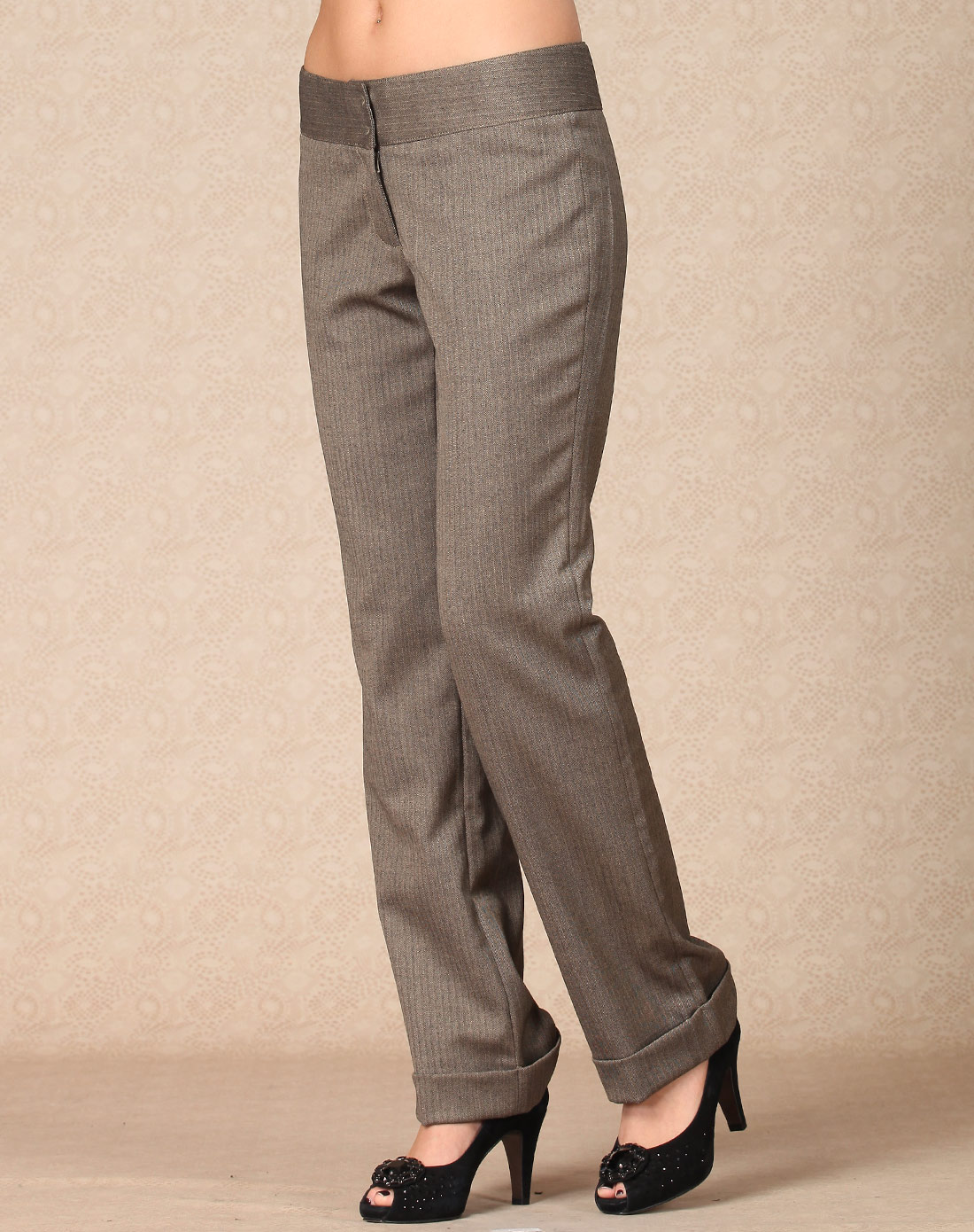 luxman 茶咖色人字纹宽脚长裤