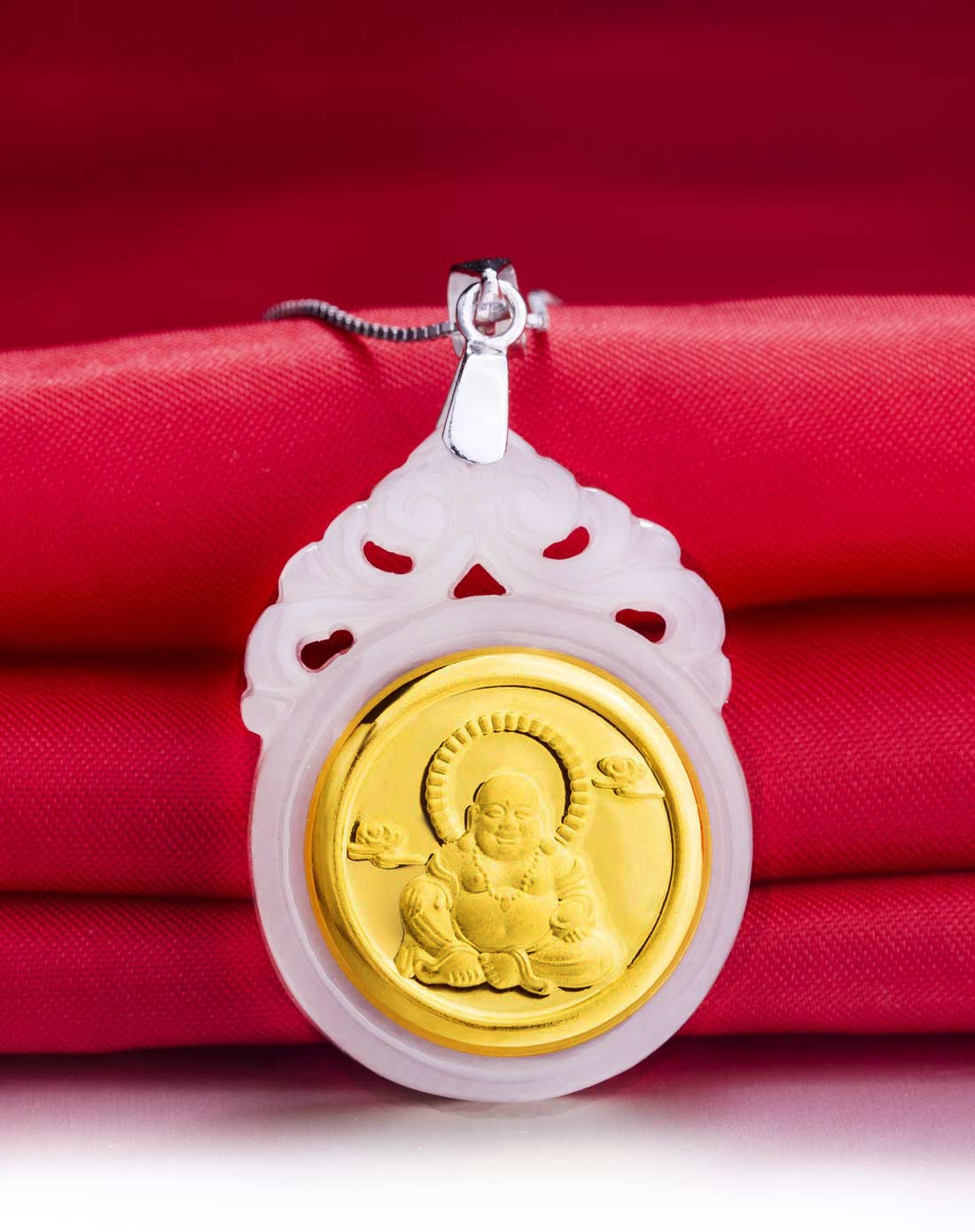 千足金镶和田玉吊坠-转运佛