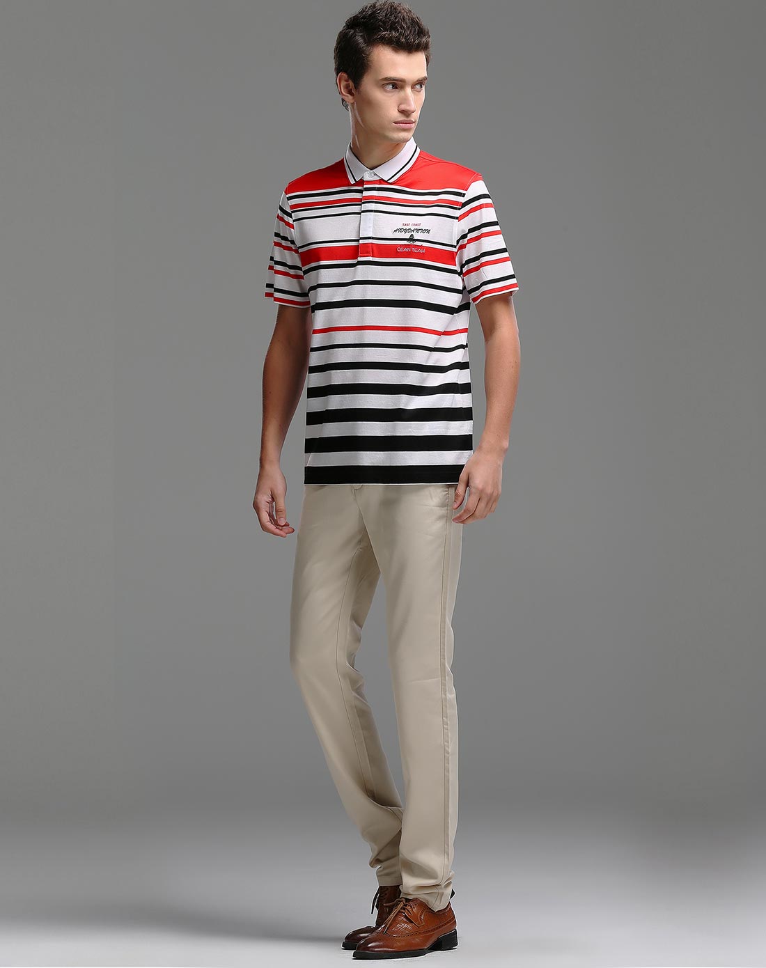 丹顿aidydanton男红白黑条纹都市休闲纯棉短袖polo衫dt3213238-51