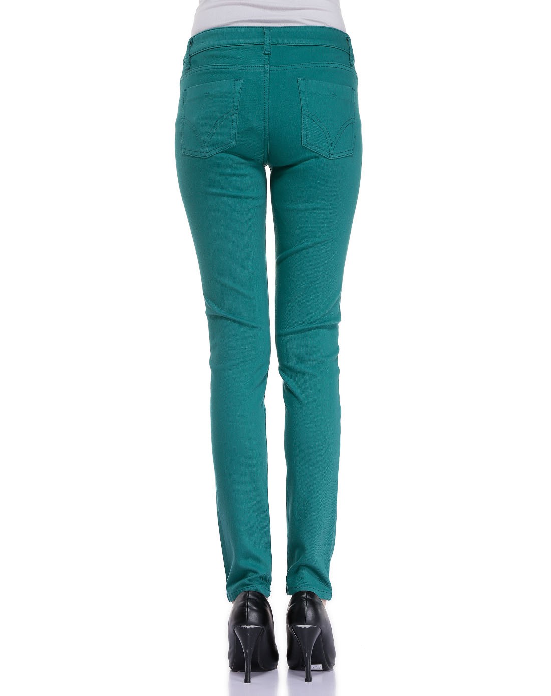 哥弟girdear女款蓝绿色修身简约中腰牛仔长裤