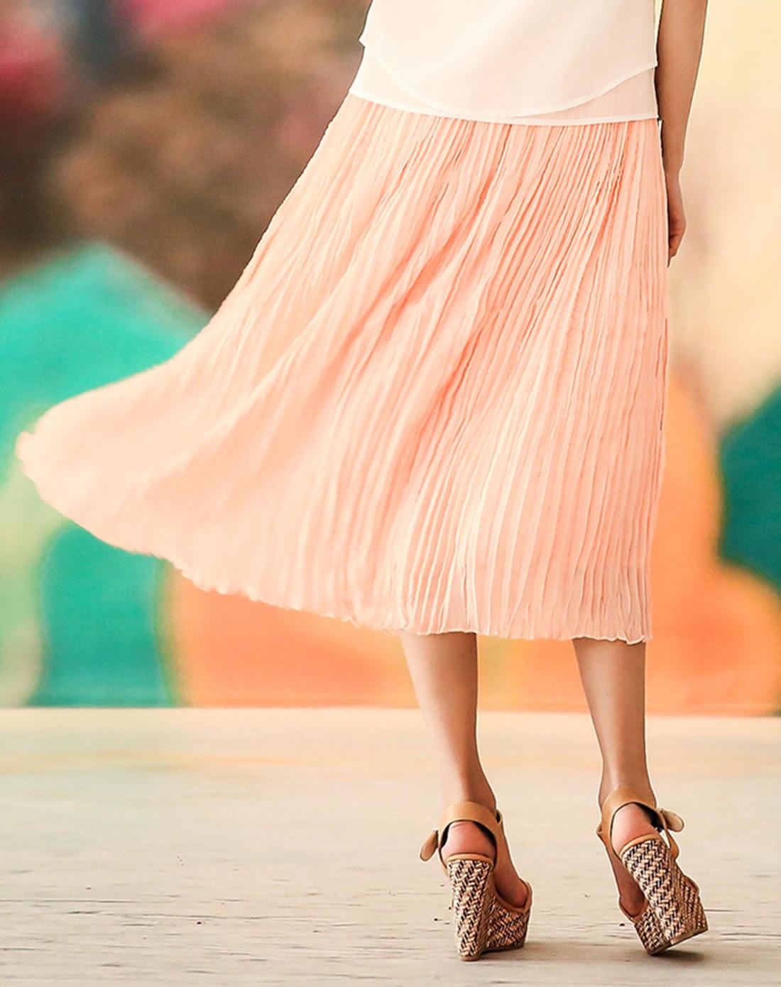 裂帛肉粉色压褶大摆裙长裙子雪纺半身裙