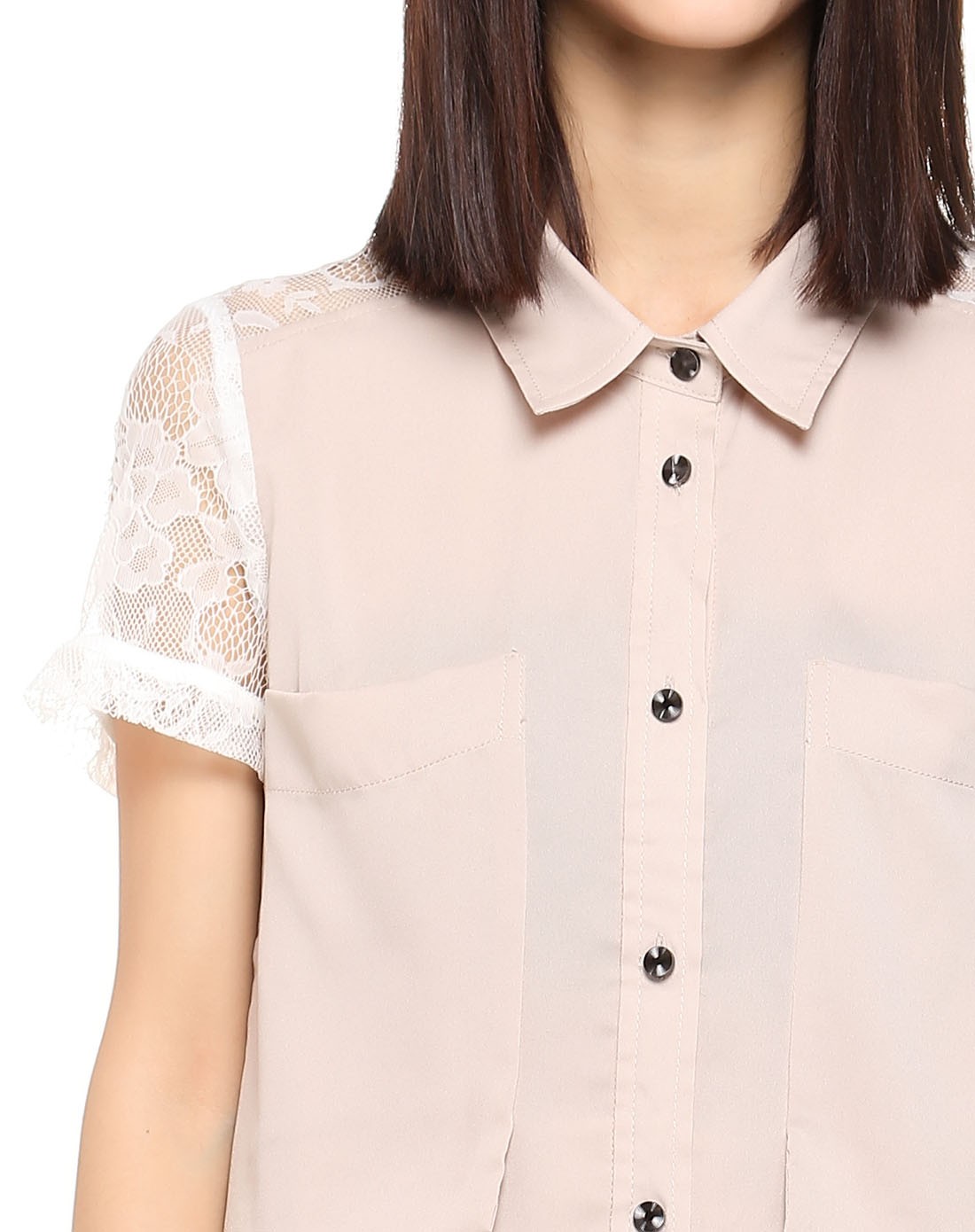 touch女装专场 > 杏/白色翻领蕾丝拼接开襟短袖长款上衣