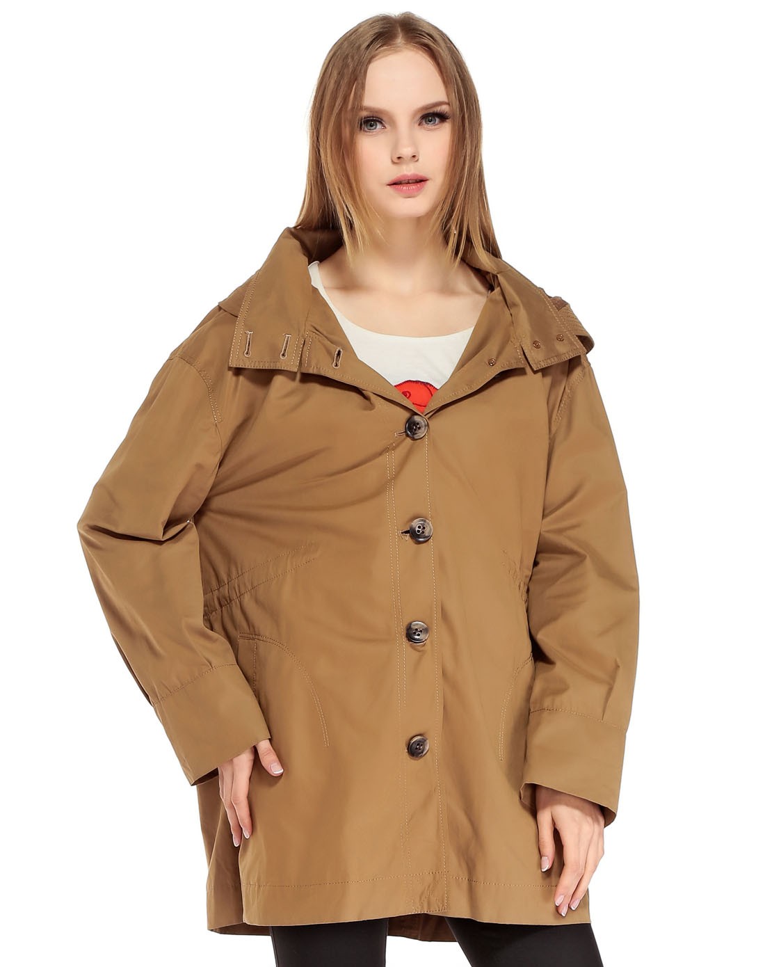 咖啡色欧美风连帽长袖长款风衣