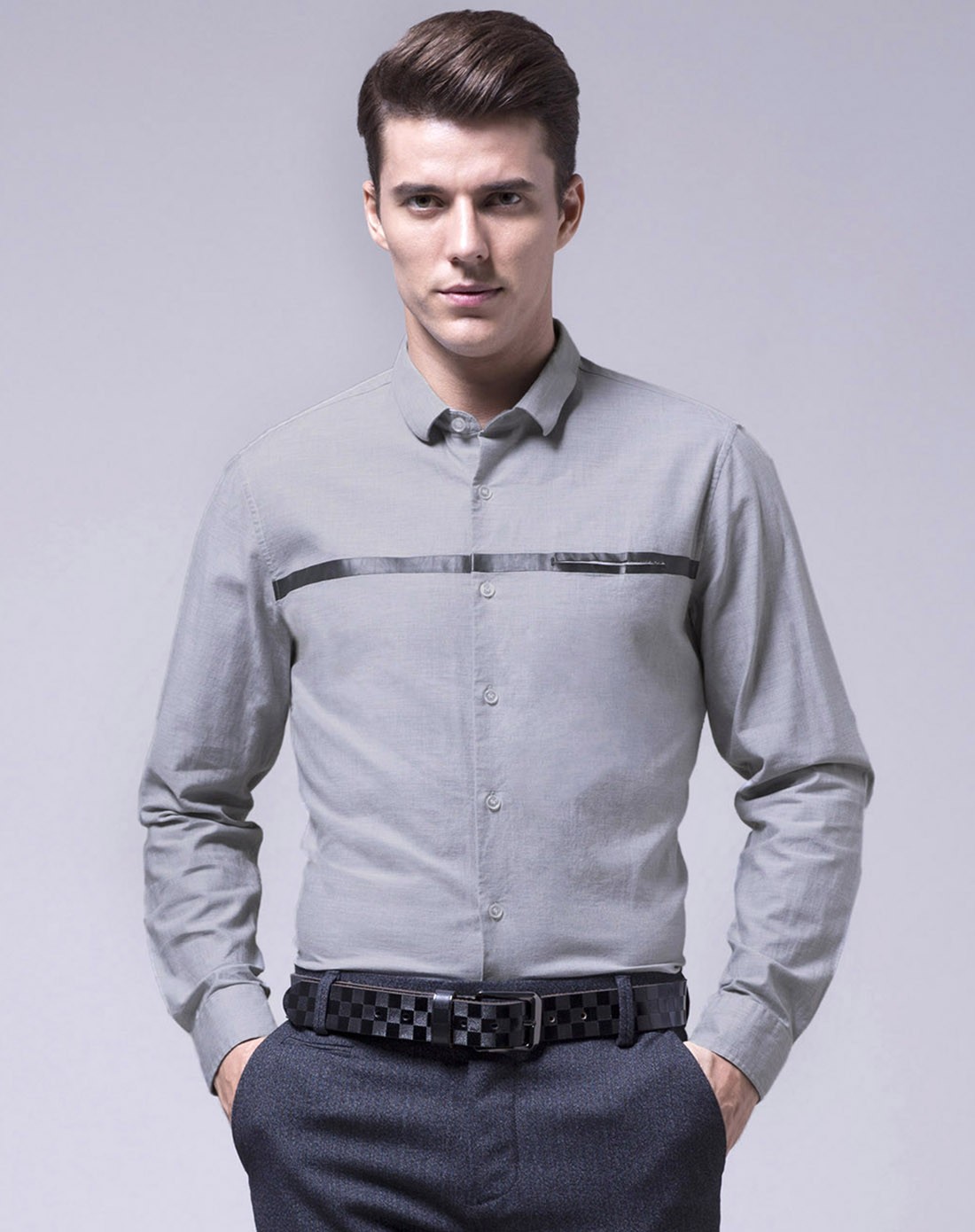 花灰色时尚个性拼皮衬衫