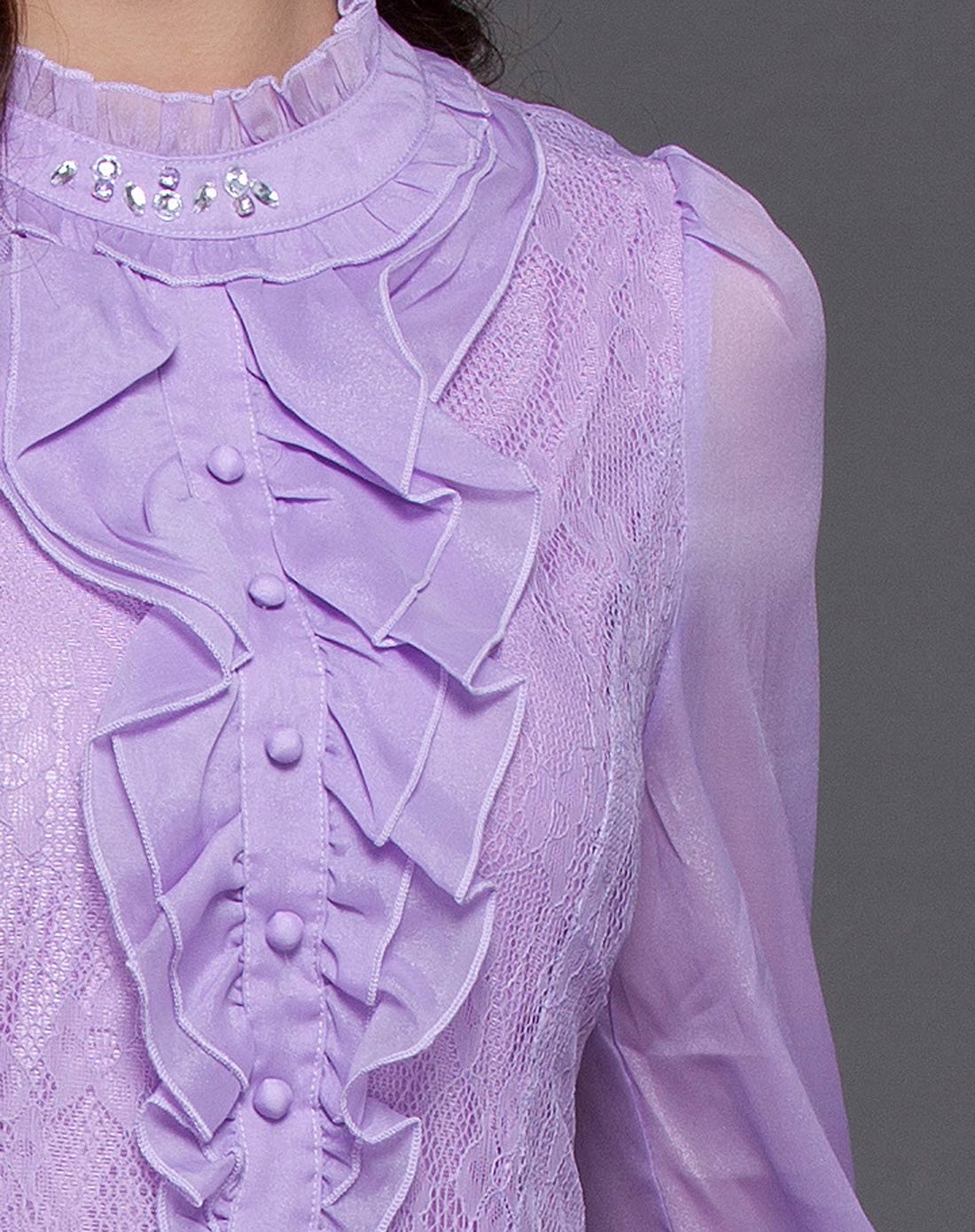 紫色蕾丝拼接荷叶边连衣裙