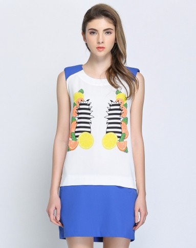 白色撞色拼接印花无袖连衣裙