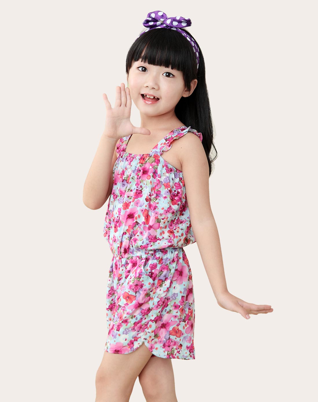 女童深玫红碎花连体裤