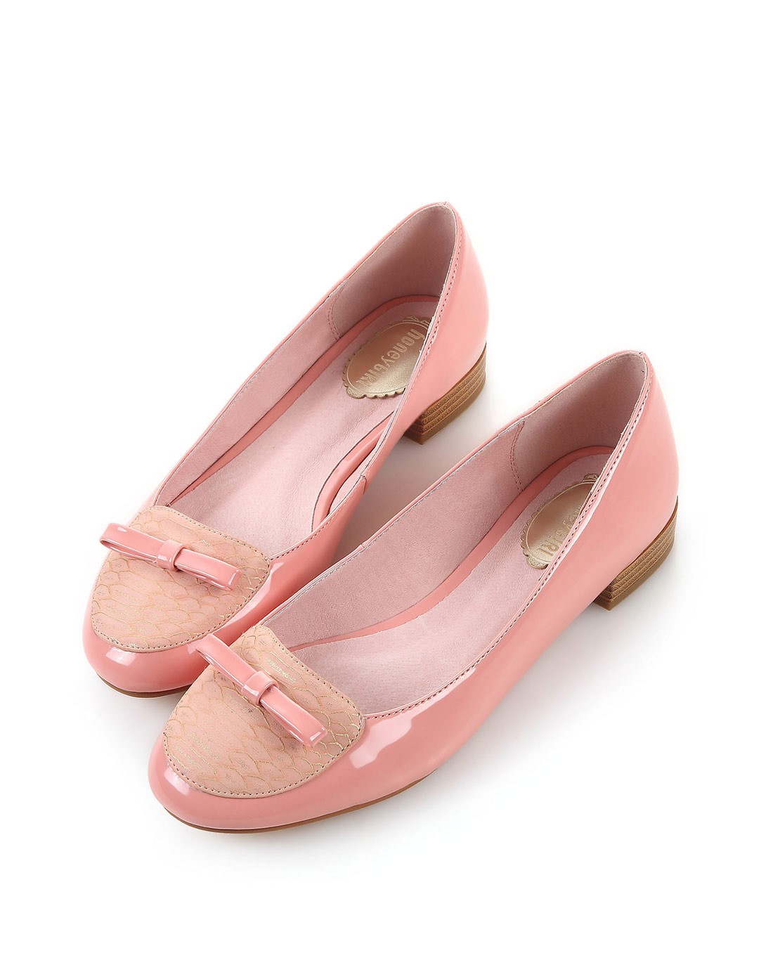 粉色真皮内里圆头蝴蝶结简约平底鞋