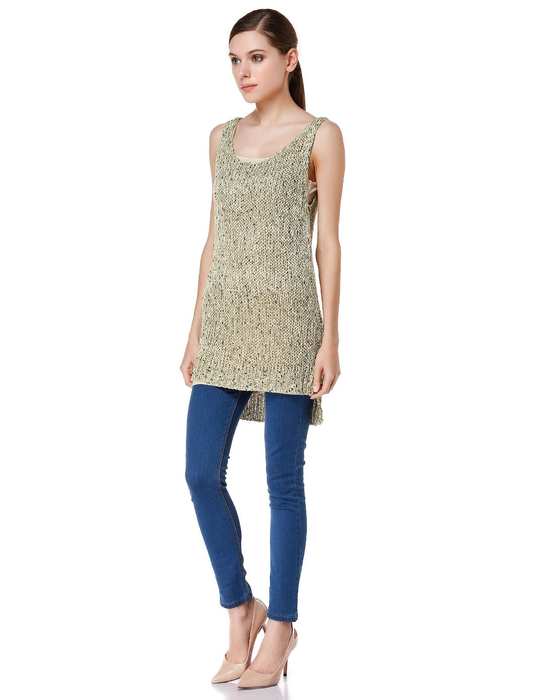 pesaro女装专场 > 浅米绿色时尚个性无袖针织连衣裙