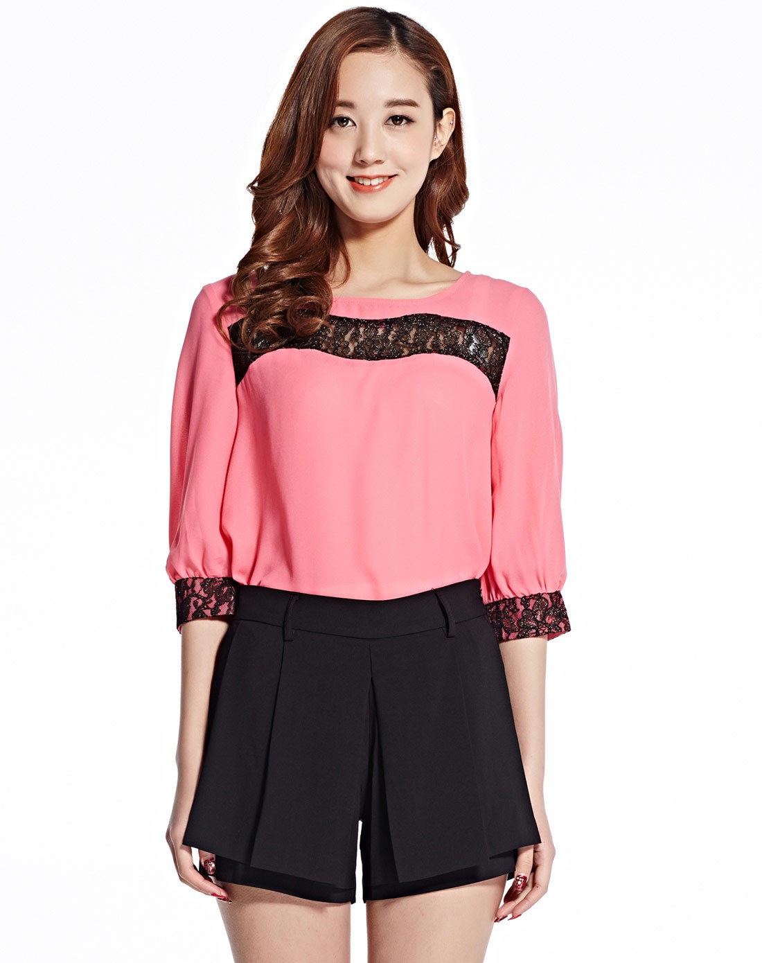 女款玫红色中袖雪纺上衣