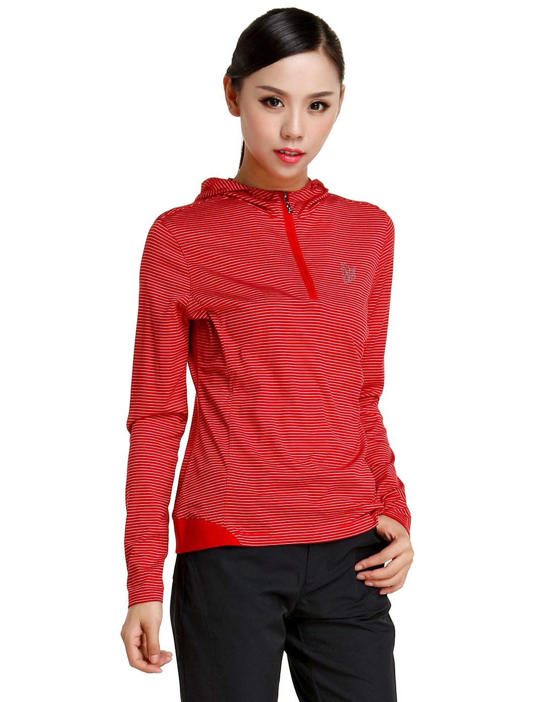 纯棉 女款红色t恤 长袖连帽