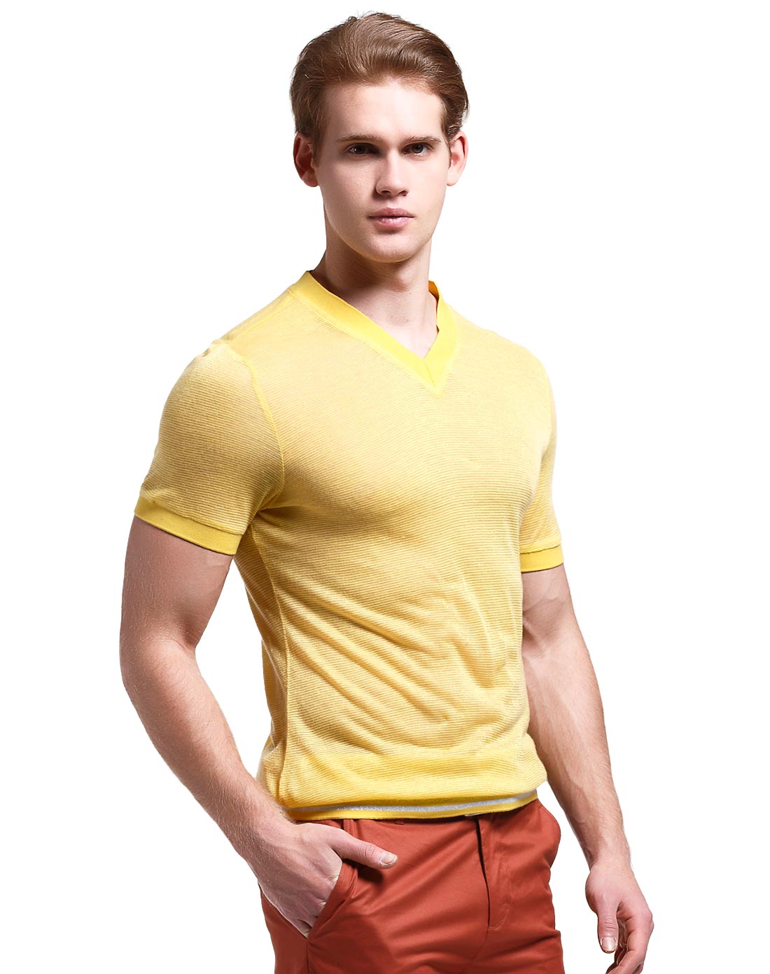 杰米克jenmick男装移动端专场男款金黄色v领细条纹短袖t恤526215607