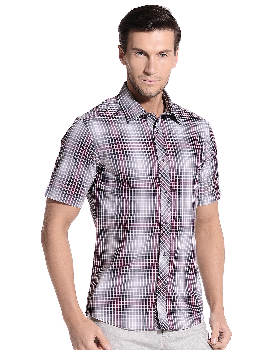 卡帝乐鳄鱼cartelo男装移动端专场红灰色时尚格纹短袖衬衫116c252476