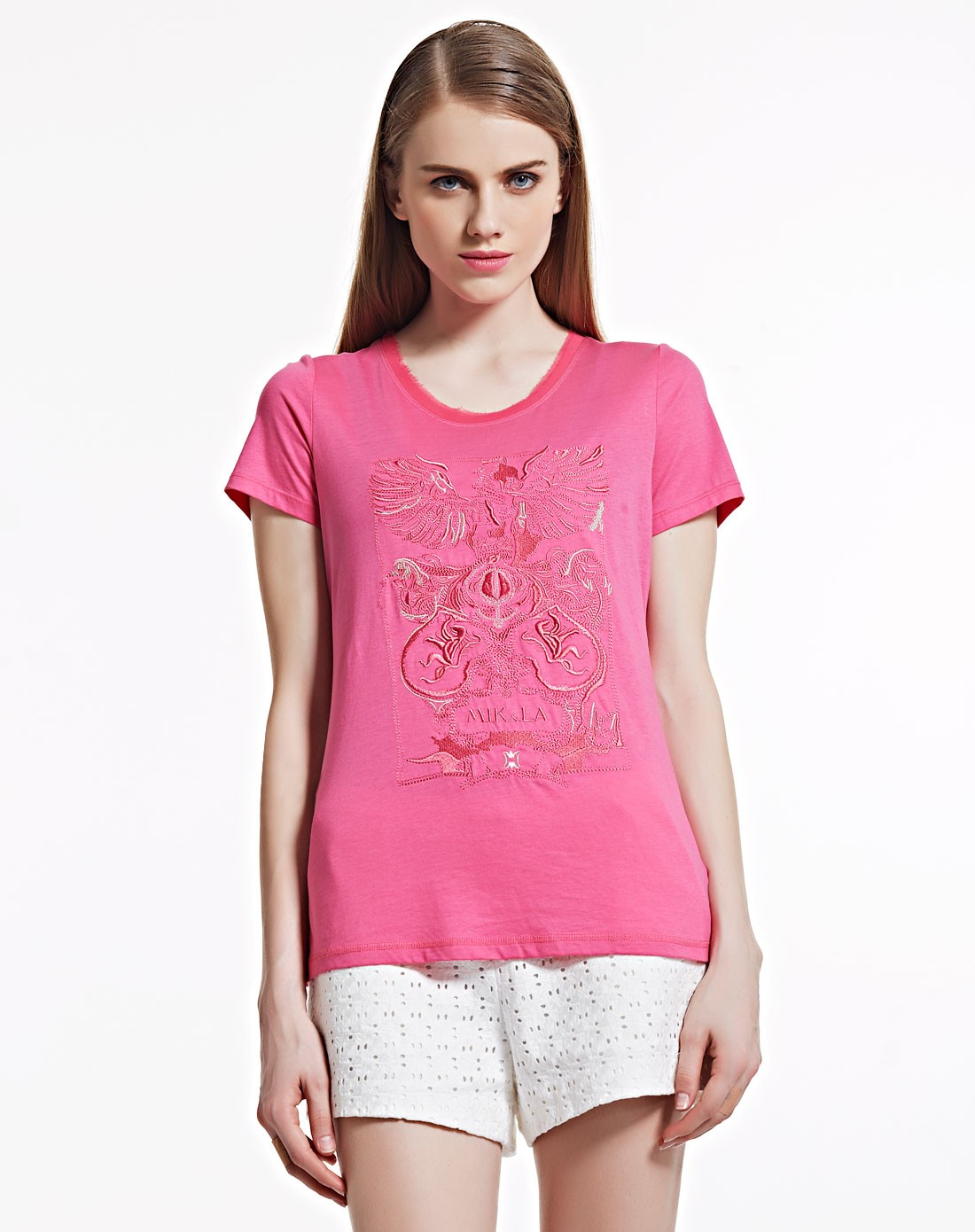 玫红色图案刺绣短袖t恤