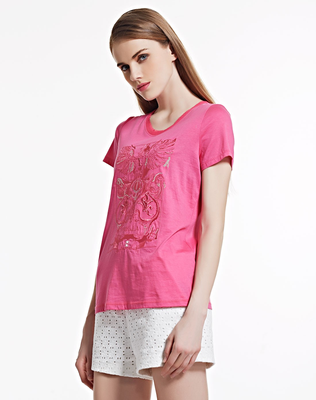 玫红色图案刺绣短袖t恤