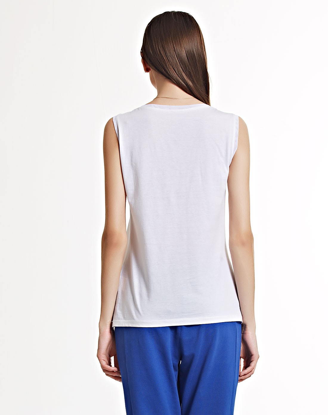 白色贴布花时尚无袖t恤