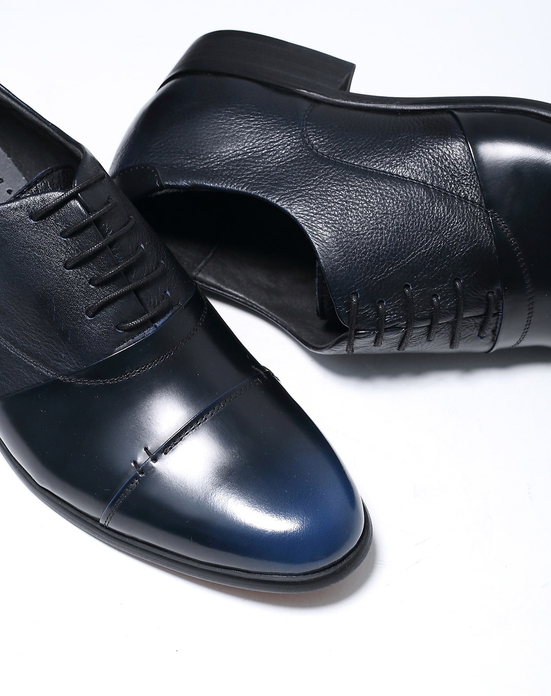 海蓝色开边珠牛皮擦色拼接透气防滑正装鞋