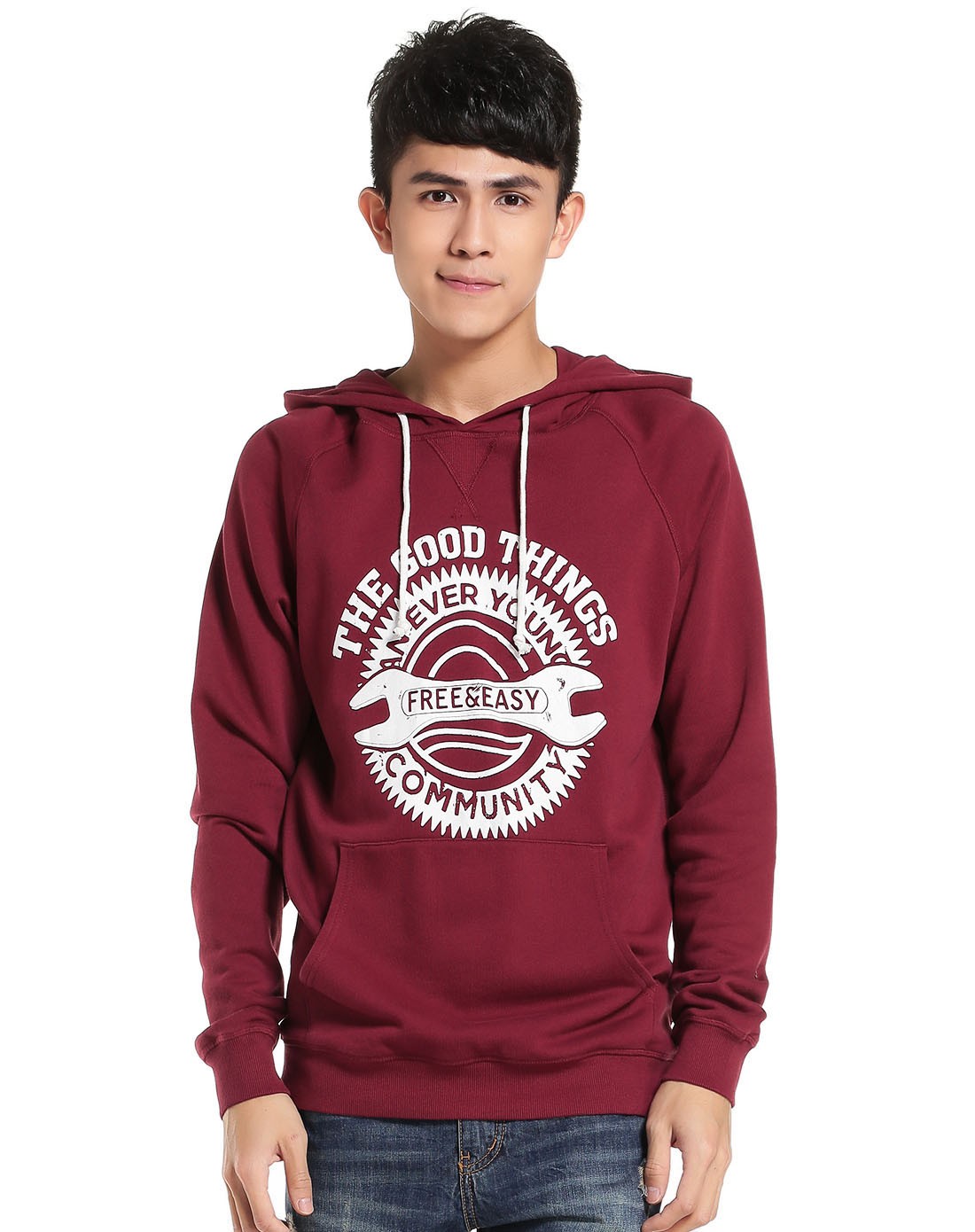 红色连帽印花长袖t恤