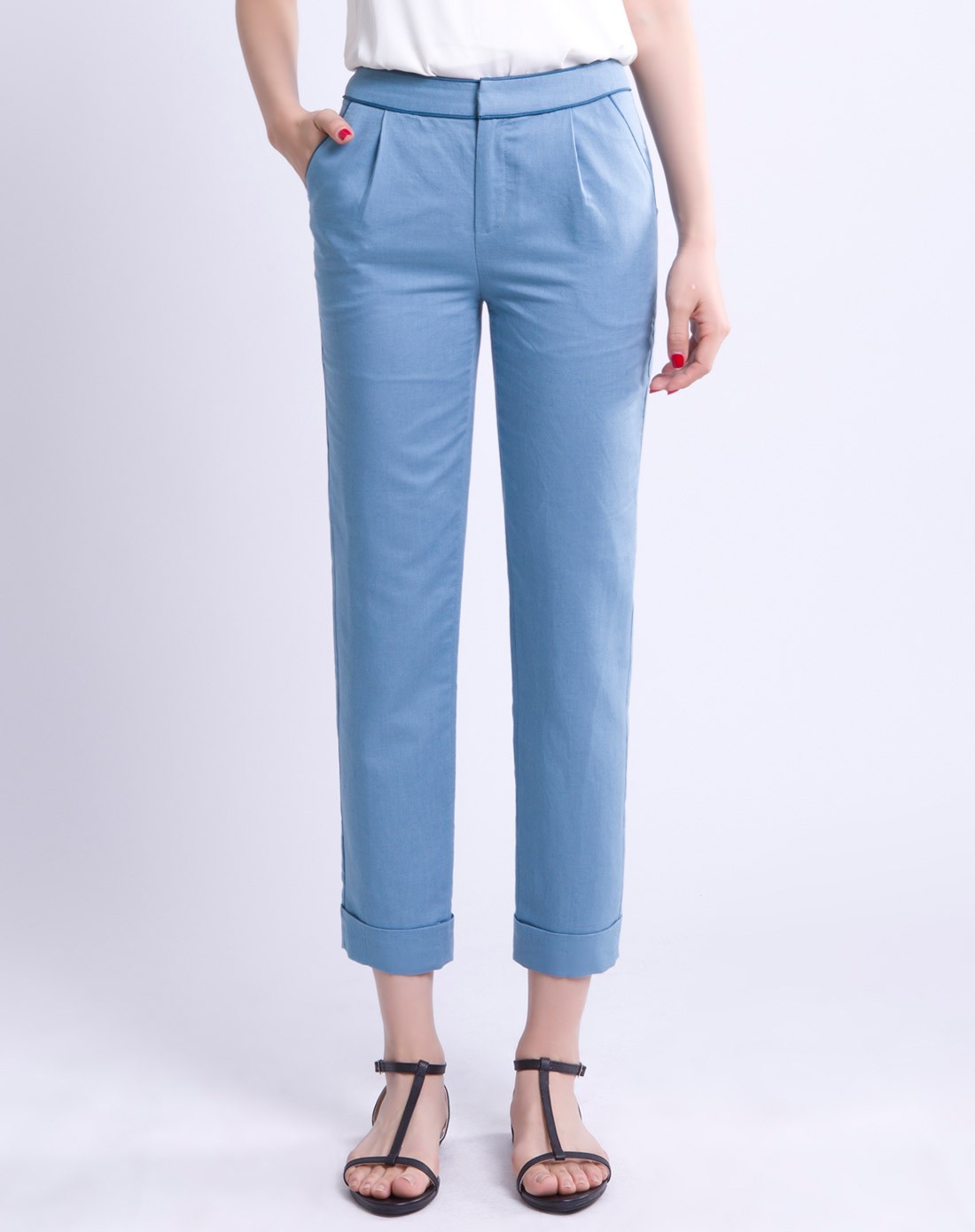 索菲丝尔裤子专场女款钴蓝精致腰头包边时尚舒亚麻八分直筒裤xl52105