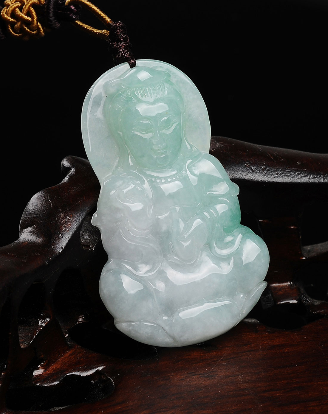 天然翡翠a货糯种观音吊坠-观音送福(附证书赠编绳)
