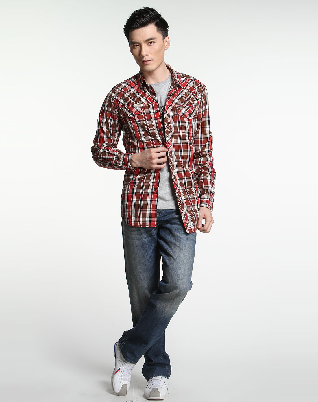 固特异goodyear户外休闲专场-咖啡色格子长袖衬衫