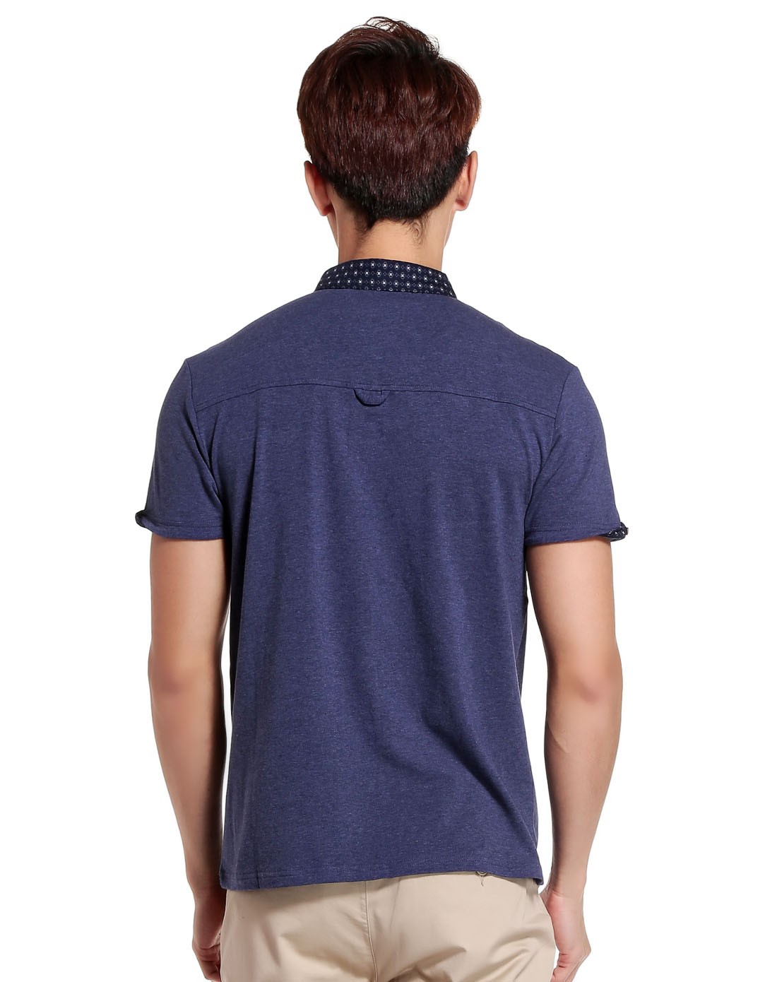 微领 男款墨蓝花灰色短袖t恤 舒适透气