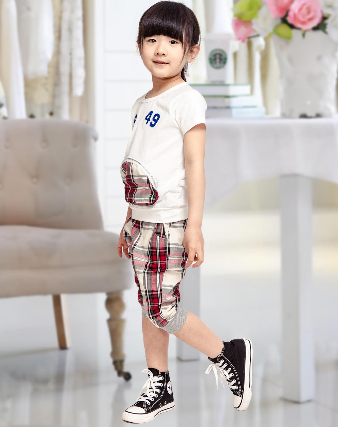 女童红格哈伦七分裤大口袋短袖套装