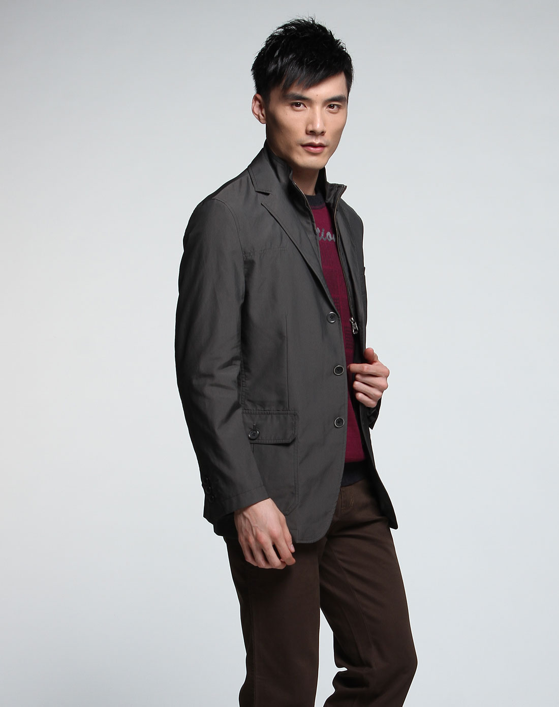 宾度j.benato男装专场-深灰色休闲个性长袖西装外套