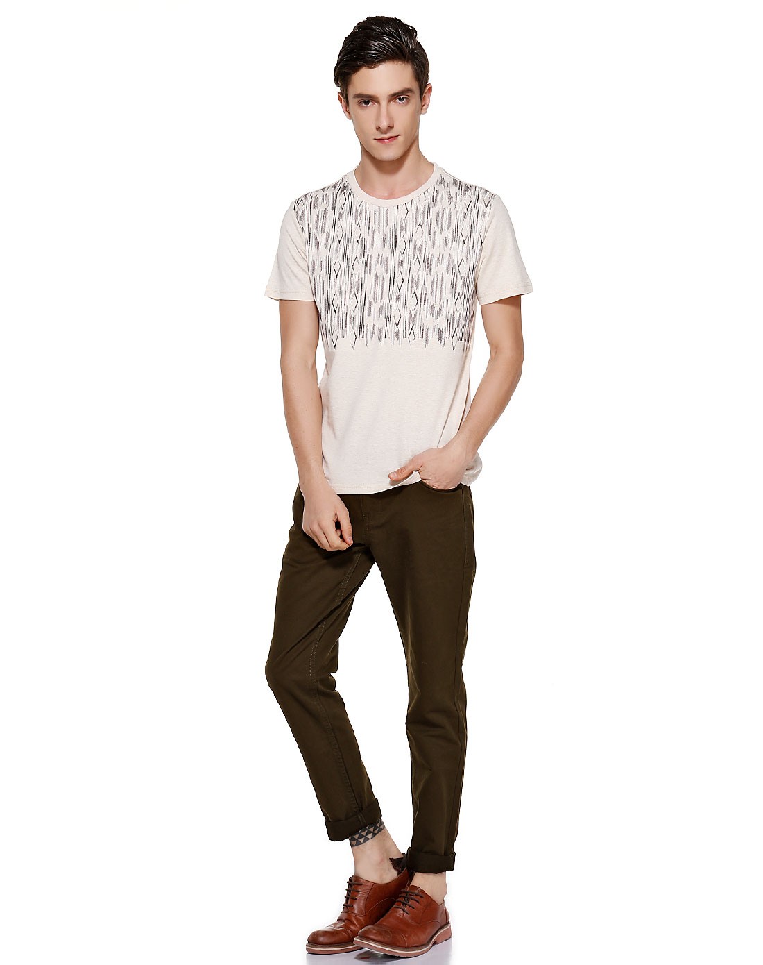 绣花舒适浅卡其色短袖t恤