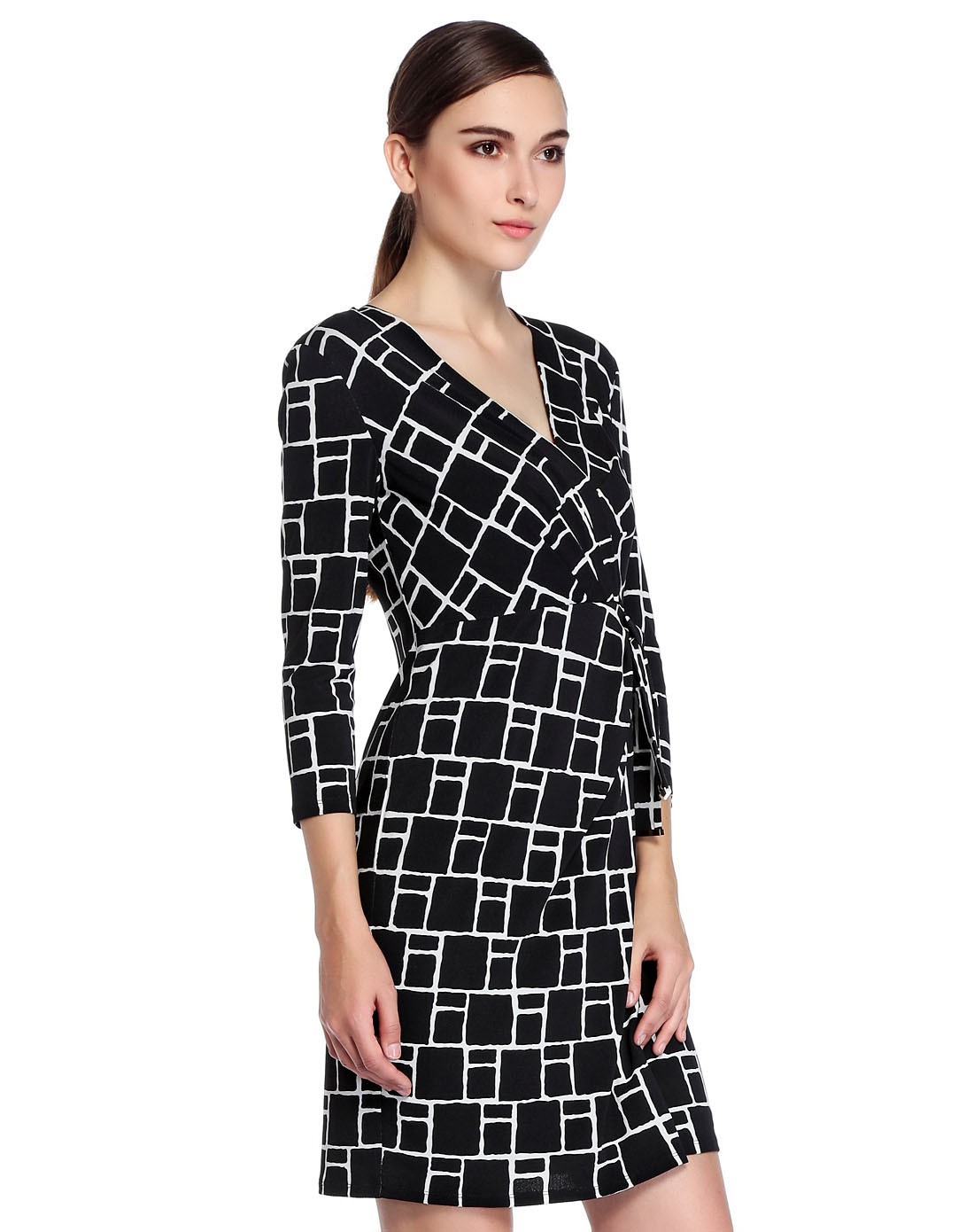 anne klein女装专场 > 黑/白色典雅印纹七分袖连衣裙