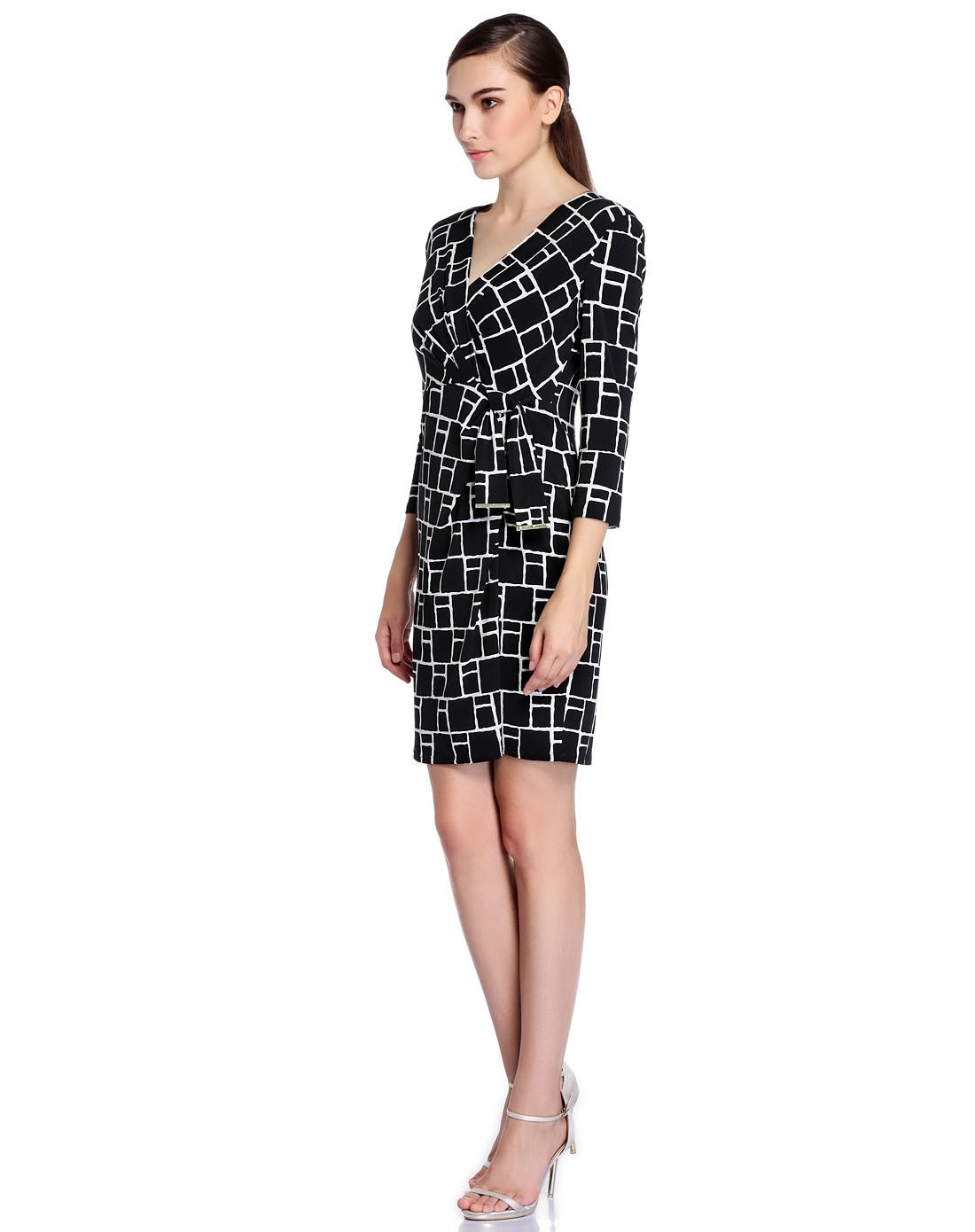anne klein女装专场 > 黑/白色典雅印纹七分袖连衣裙