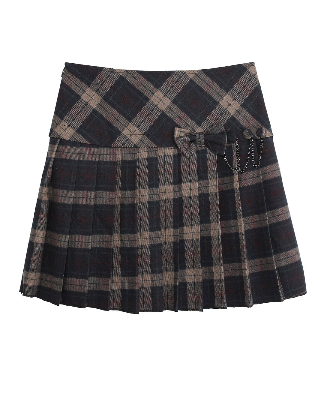 灰格色格子百褶半身裙