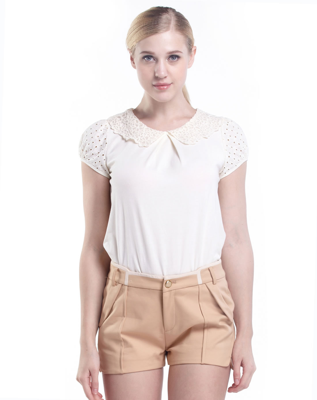 米杏娃娃领马蹄袖纯色短袖上衣