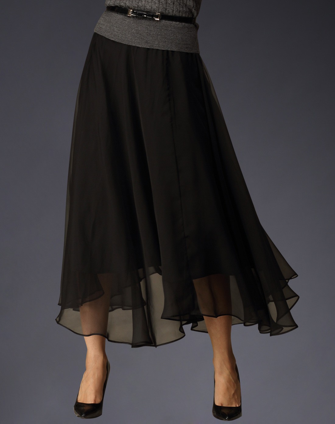 女款黑色雪纺大摆半身裙