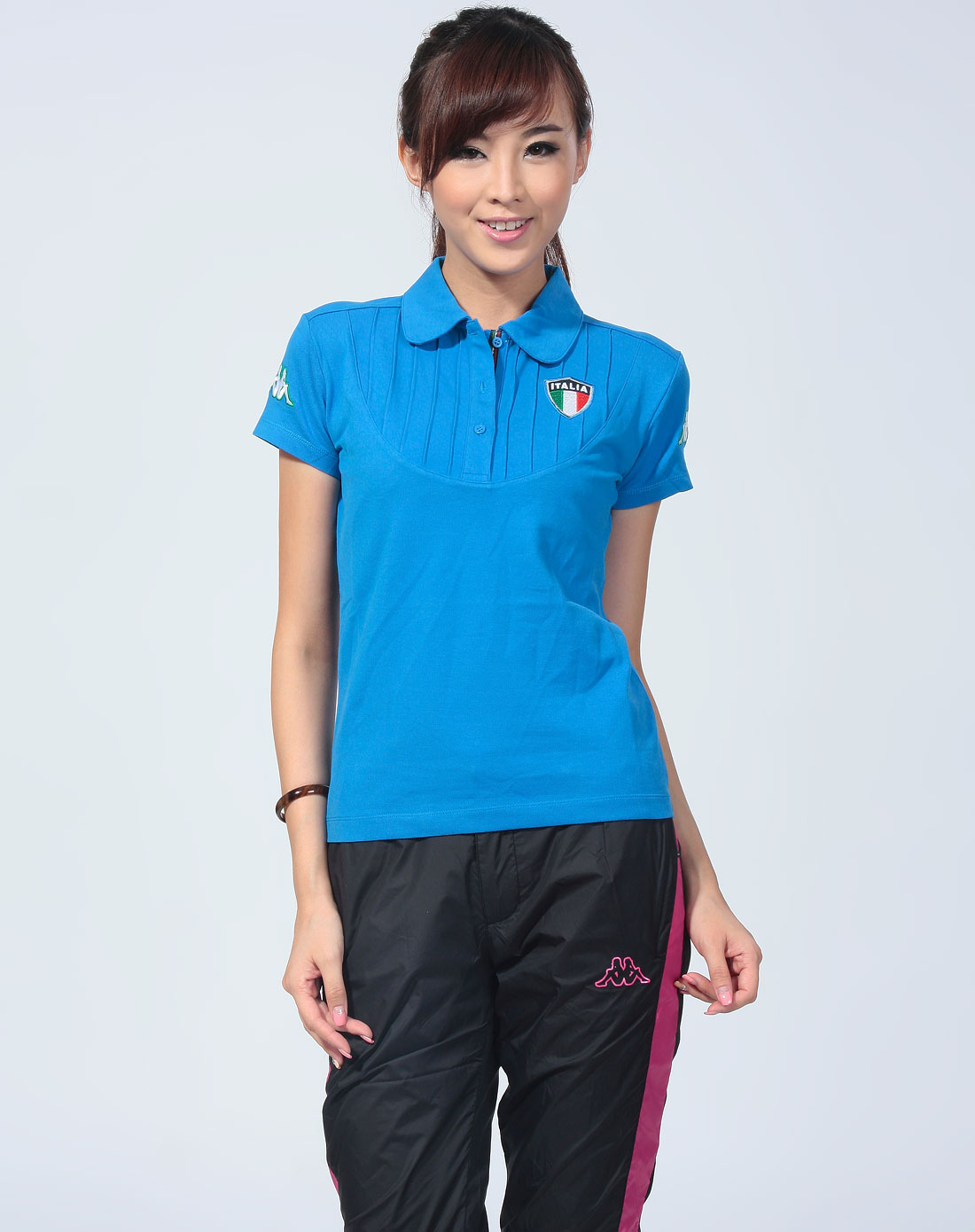 湖蓝色压褶短袖polo衫