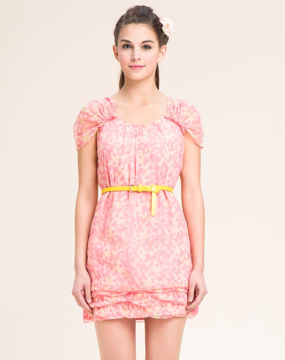 粉红色印花甜美短袖连衣裙