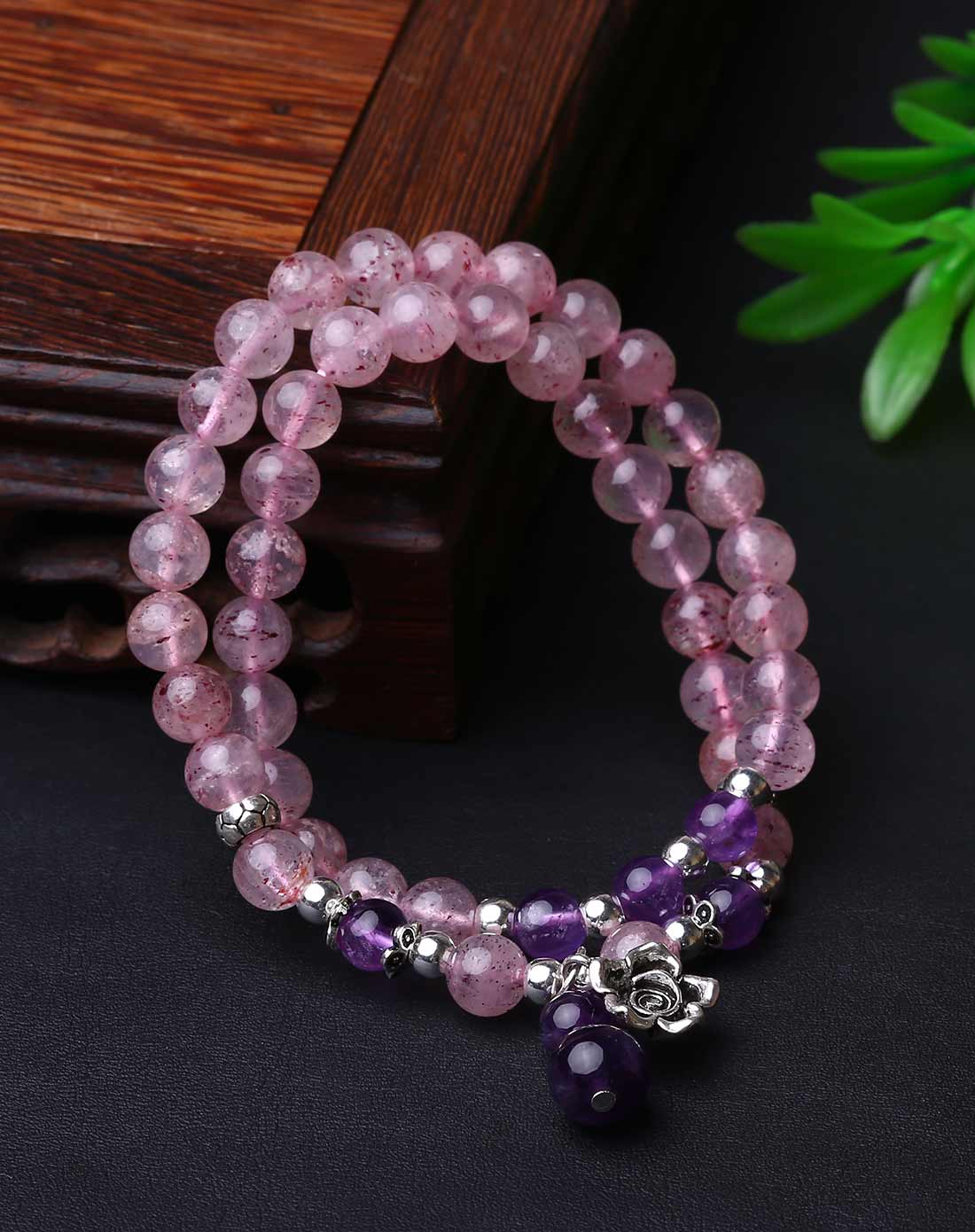 首发 天然冰种草莓晶配925银紫水晶双层手链