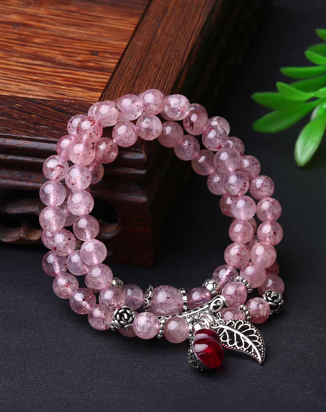 首发 天然冰种草莓晶配925银3圈手链