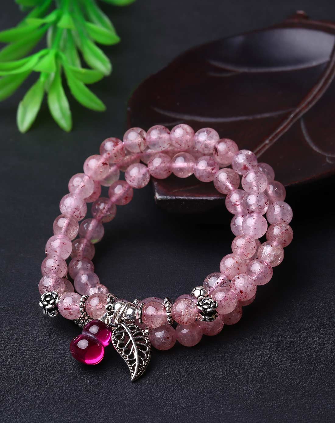 首发 天然冰种草莓晶配925银3圈手链
