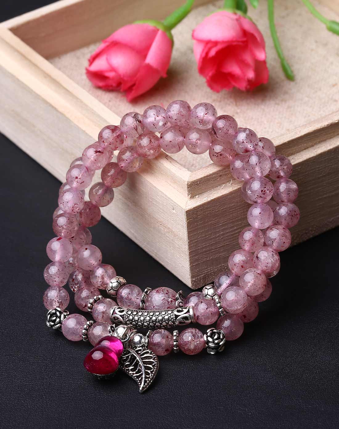 首发 天然冰种草莓晶配925银3圈手链