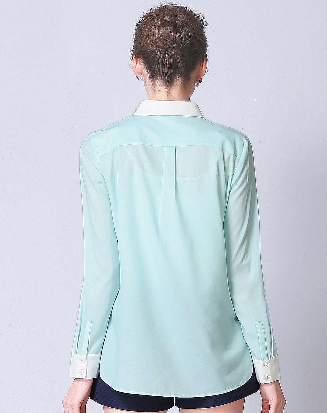 青色ol修身印花衬衫