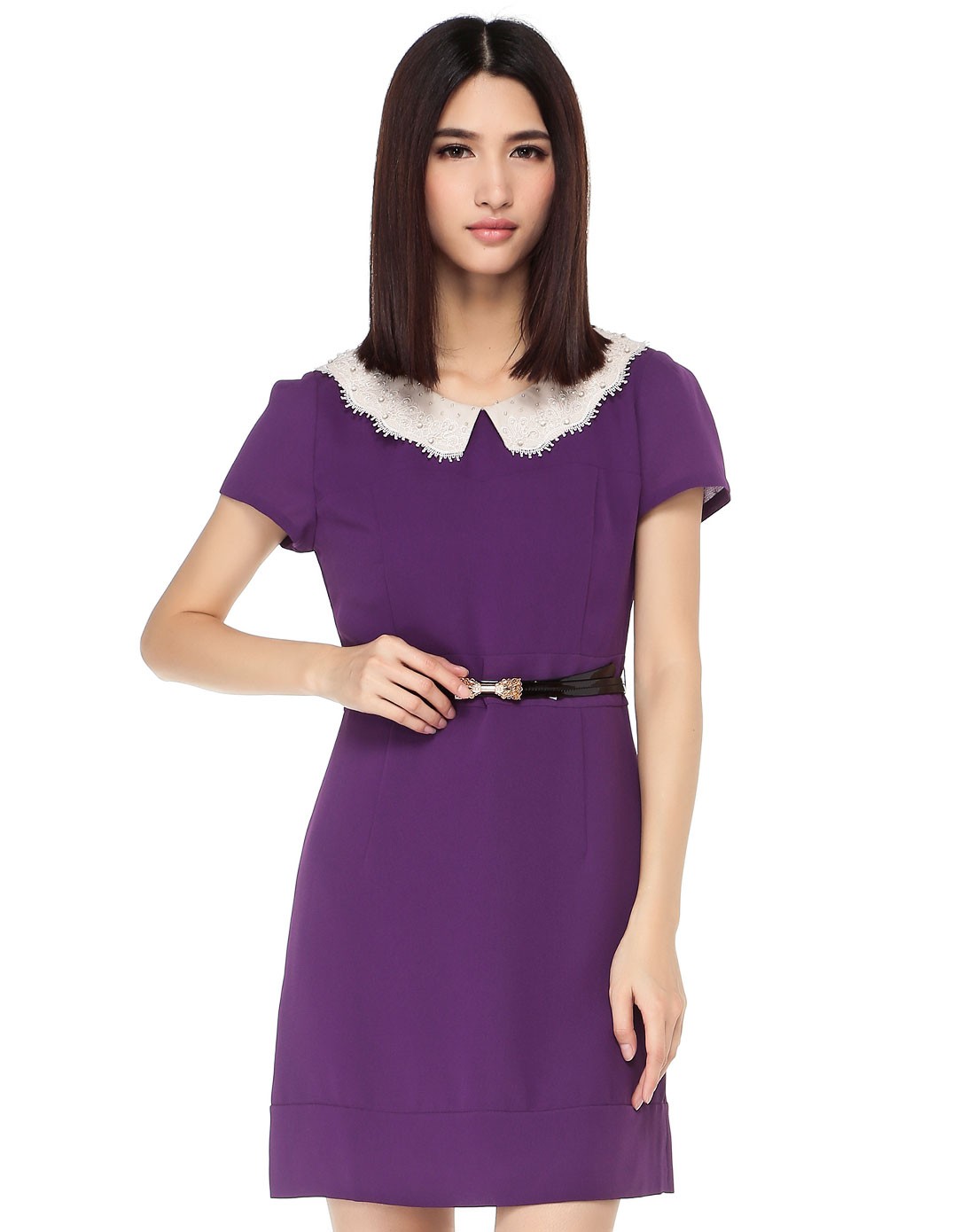 深紫色甜美优雅短袖连衣裙