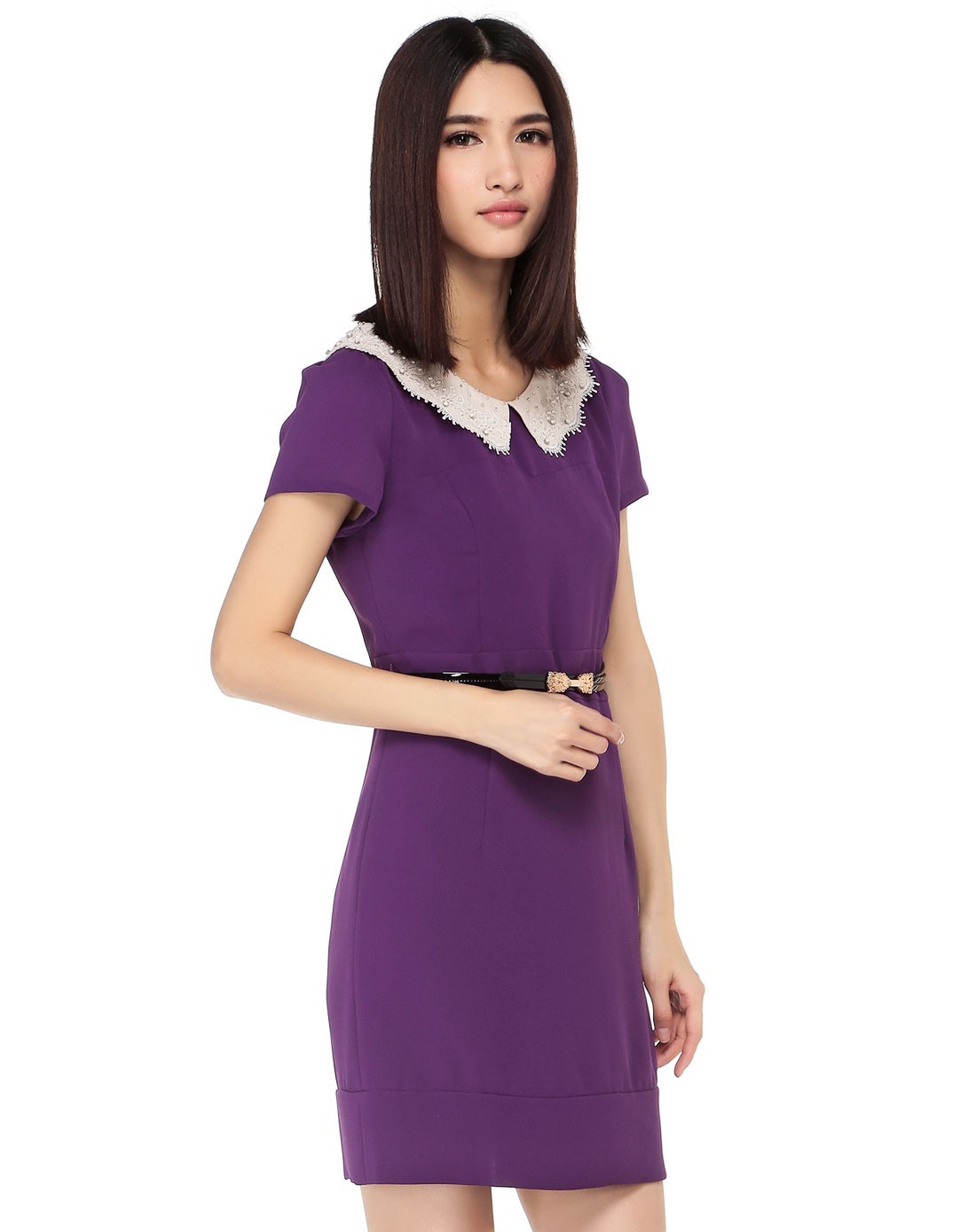 深紫色甜美优雅短袖连衣裙