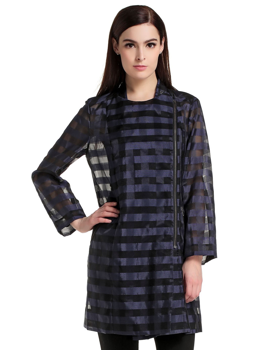 滕氏tengs&萨侬sanong女装滕氏tengs蓝紫色潮流条纹长袖长款风衣1872