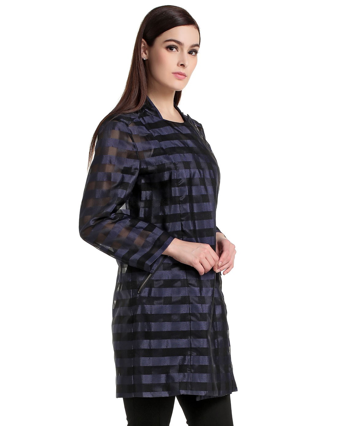 滕氏tengs&萨侬sanong女装滕氏tengs蓝紫色潮流条纹长袖长款风衣1872