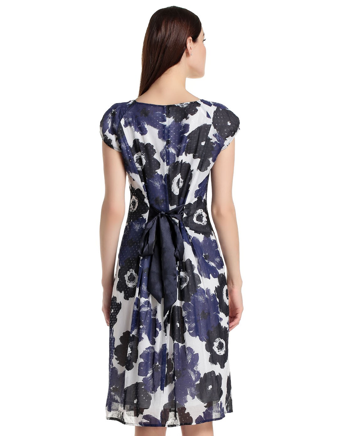 滕氏tengs蓝/白色优雅印花盖肩袖连衣裙